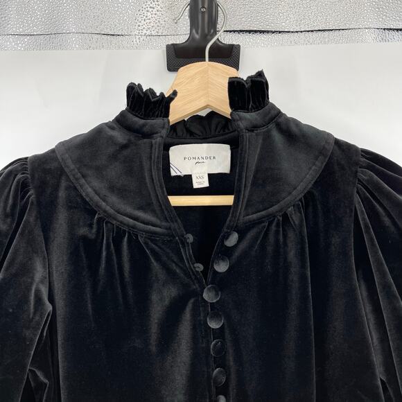 Pomander Place | Black Velvet Selena Blouse Victorian Puff Sleeve Top XXS - Picture 6 of 11